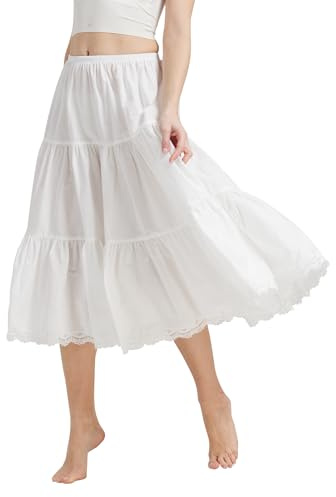 BEAUTELICATE Women's Half Slip 100% Cotton Underskirt Petticoat Vintage A-Line Full Skirt With Lace Trim Short Midi Maxi Ivory Black Navy Blue
