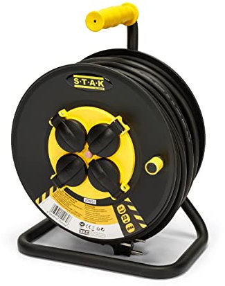 Stak REELART-FR-25 Enrouleur electrique professionnel, water proof IP44 cable 25m en caoutchouc 3G2.5m㎡ pour chantier, bricolage, jardin. 4 Prises, chassis acier, Noir