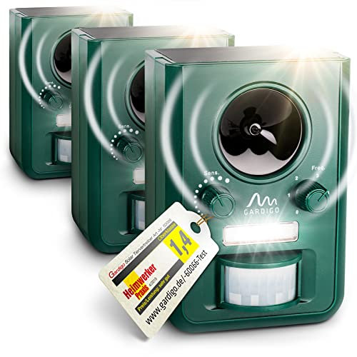 GARDIGO® Lot de 3 Répulsifs Animaux à Ultrasons Solaire | Anti Chat, Chien, Martre avec Flash | Multifréquence, 5 Modes, Surface Totale d'env. 75 m² | Piles & Câble de Charge USB Inclus.