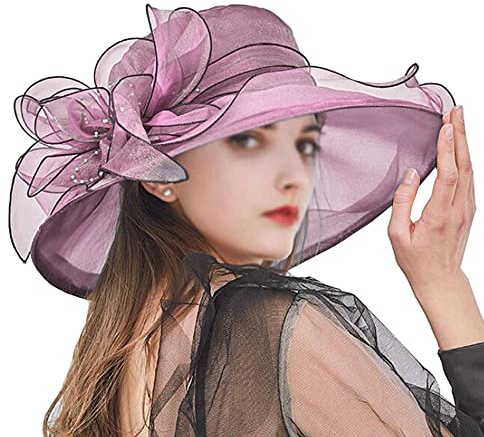 ZESLIV Sombrero de Dama Organza para Ocasiones Especiales, Sombrero de Novia, Sombrero de Sol, Flores, Sombrero de Verano, Sombrero de Playa, Sombrero de Paja, morado, 58