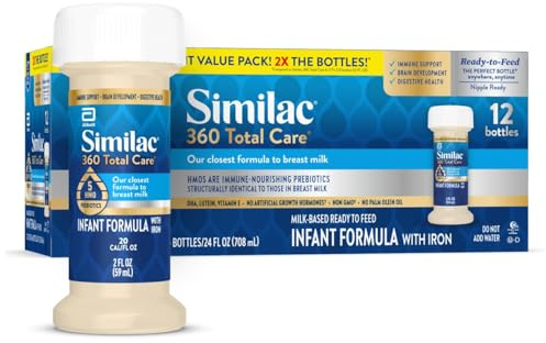 Similac 360 Total Care Infant Formula, Has 5 HMO Prebiotics, Our Closest Prebiotic Blend to Breast Milk, Non-GMO,‡ Baby Formula, Ready to Feed, 2-fl-oz Bottle, Pack of 12