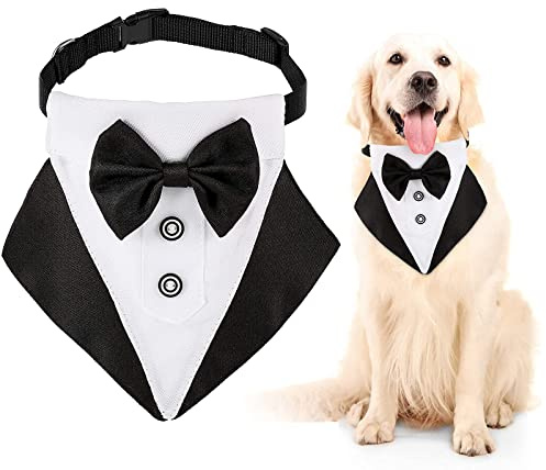 Guanyj Bandana Formel de Smoking pour Chien - Collier de Mariage avec Nœud Papillon Et Cravate - Anneau en D pour Chiens de Grande Taille Et Surdimensionnés (Noir)