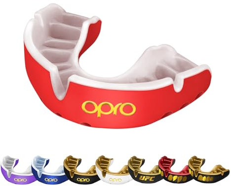 OPRO Gold Level Mundschutz, Mundschutz Sport Erwachsene und Kinder, mit Vorgesetzter Komfort für Boxen, Lacrosse, MMA, Kampfsport, Hockey und alle Kontaktsportarten (Rot, Erwachsene)