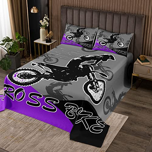 Juego de colcha acolchada para bicicleta de cross, juego de colcha deportiva extrema, juego de edredón para motociclista, colección de ropa de cama morada para niños, niñas, adultos, tamaño King