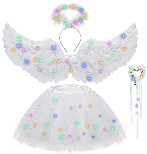 Hifot 4 st Angel Girl med LED-ljus - Tutu, Vingar, Pannband, Trollstav och Vingdräkt för Halloween, Julkarneval Kostym