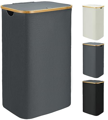 Bellzacasa Wäschekorb mit Deckel 110L, Groß Wäschebox mit Bambus Henkel und Herausnehmbaren Wäschesack Laundry Basket with Lid, Faltbarer Wäschekörbe Waschekorbsammler mit Deckel (Grau)