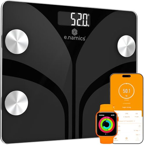 E.NAMICS Körperfettwaage, Personenwaage Digital mit APP 180 kg, Waage Personen Bluetooth, 14 Körpermessingen, Körperwaage