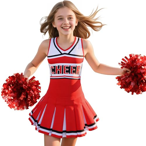 Gortykor Cheerleader Costume for Girls Cheerleading Outfit for Halloween Cheerleader Gifts 3-10 Years (Red, 3-4 Years)