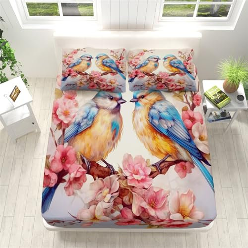 Spannbettlaken 180x200cm Blumen- Und Vogelkunstmuster Bettlaken, Matratzenschoner Spannbetttuch aus Mikrofaser, für Boxspringbetten Atmungsaktiv Bettwäsche Tiefe Tasche 30cm mit 2 Kissenbezügen