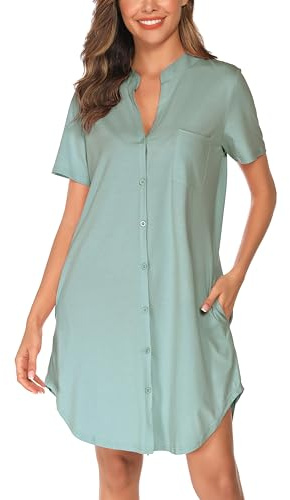 Vlazom Mujer Camisón Cuello en V Manga Corta Vestido para Dormir Verano Camisa para Dormir con Botones y Bolsillos Laterales (L,Verde Claro)