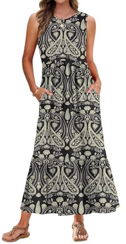 AUSELILY Sommerkleid Damen Lang Ärmelloses Maxikleid Damen Sommer Strandkleid Lange Rundhals Tank Top Kleider Leicht und Luftig mit Taschen Elastischer Taille