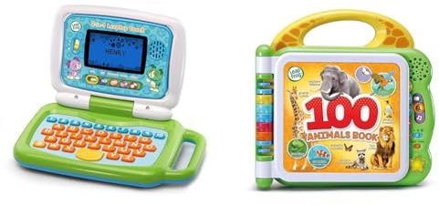 VTech LeapFrog 2 in 1 LeapTop Touch Laptop, Green, Learning Tablet for Kids with 10 Modes of Play & LeapFrog 100 Animals Book, Baby Book with Sounds and Colours for Sensory Play, Educational Toy