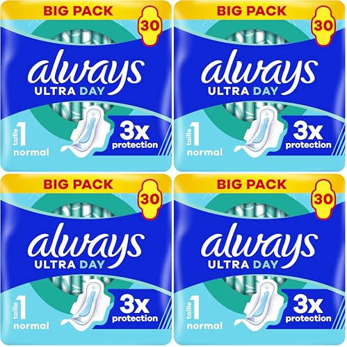 Always Ultra Serviettes Hygiéniques, Taille 1, Normal, 30 Serviettes Avec Ailettes, Flux légers Jour, Max Confort, Super Absorbantes et Ultra Fines