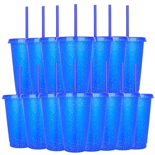 Yisituo 480ml Reusable Plastic Cups, 15 Pack of Kids Tumbler with Lid and Straw, for Cold Drinks, Iced Coffee, Travel and Smoothies (15, Blue)