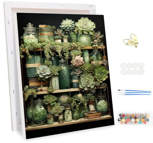 MEIYUDA Pintar por Numeros Adultos con Marco Suculento, DIY Pintura por Numeros Kit Manualidades Adultos, Cuadros por Numeros Pigmento Acrílico, Decoración para el Hogar Regalo de pared 30x40cm