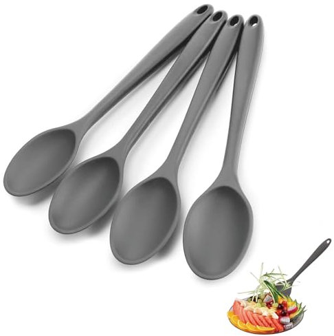 4 PCS Silicone Spoons for Cooking, Serving Spoons Large Nonstick Heat Resistant Spoon Multi-Purpose Serving Spoon for Mixing Cooking Frying Baking Stirring (Grey)