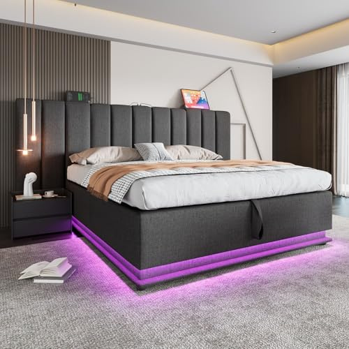 KOMHTOM Double Rembourré Lit Coffre avec Bande Lumineuse LED et Port de Charge, Lit de Rangement avec Sommier à Lattes(sans Matelas) (Gris-Lin, 180×200CM)