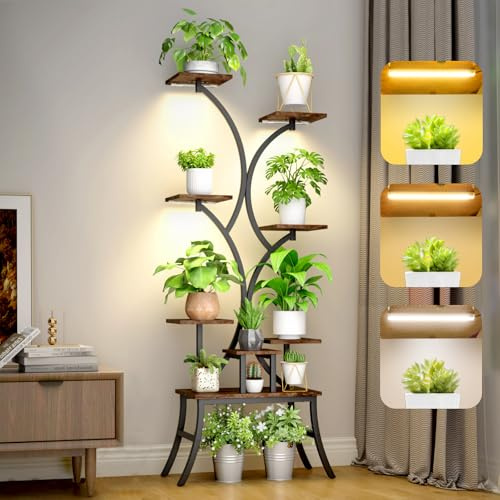 FKSLIFE Plant Stand With Grow Lights 8Tiered 63“ Indoor Tall Plant Shelf Corner Plant Stands for Multiple Plants Metal Flower Display Shelves Plant Rack Holder for Home Patio