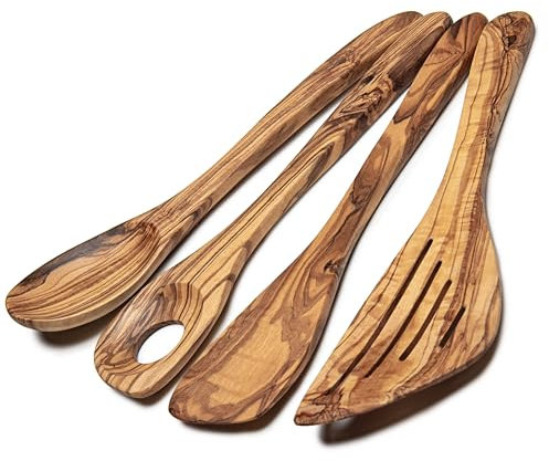 Erreke Utensilios de Cocina Madera, Madera de Olivo Natural, Juego de Utensilios de Cocina, Cuchara Madera, Espátula Cocina, Hecho a Mano, Estilo Mediterraneo, Set de 4 Piezas