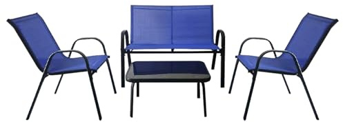 GOPLUS Juego de Muebles de jardín de 4 Piezas, Incluye 2 sillas de jardín Individuales, 1 Silla de Exterior Doble y 1 Mesa de café, Juego de Muebles de balcón, sofá para terraza (Azul)