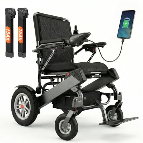 40 Miles Long Range Electric Wheelchair for Adults, Foldable Motorized Wheelchair with 2 Removable 15Ah Batteries, All Terrain Power Wheelchairs for Senior, Black (Black, 2 * 15Ah)