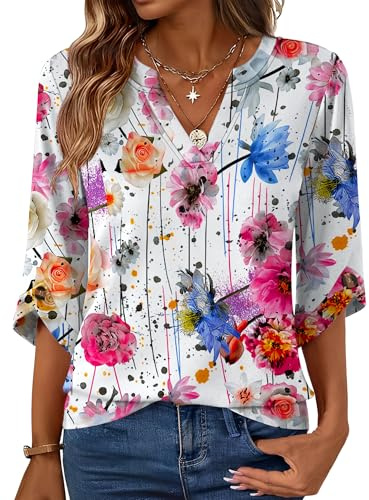Rapbin Chemisier à manches 3/4 pour femme - Haut élégant - Col en V - Tunique décontractée, L