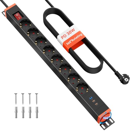 Multiprise Parafoudre 8 Prises pour Bureau, USB-C PD 30 W | Support 360°, 16A/4000W, USB-C2 15W, USB-A 15W, câble 1,8 m, sous plateau et fixation murale