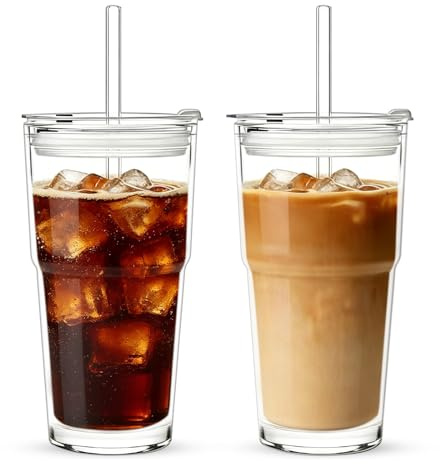 Yooyan Juego de 2 vasos de cristal de doble pared de 600 ml con tapa y pajita – Vasos térmicos grandes de cristal acanalados para latte, café helado, batidos y bebidas frías
