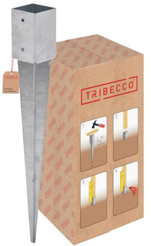 TRIBECCO Soporte para postes de madera, casquillo de impacto 91 x 91 mm, longitud 900 mm, galvanizado en caliente, para postes de madera cuadrados, soporte de suelo, ancla, acero, anclaje para el