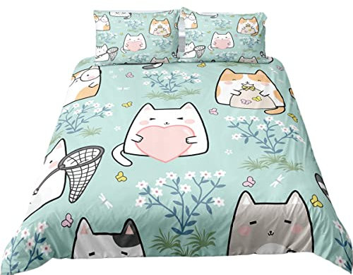 Funda Nordica Cama 90/105/135/150 Juveniles Animal Gato Flor Verde Microfibra Cremallera Juego De Cama Funda De Edredón Ropa De Cama 3 Piezas Para Niños y Niñas (Verde B,Cama 80/90 (180 x 210 cm))
