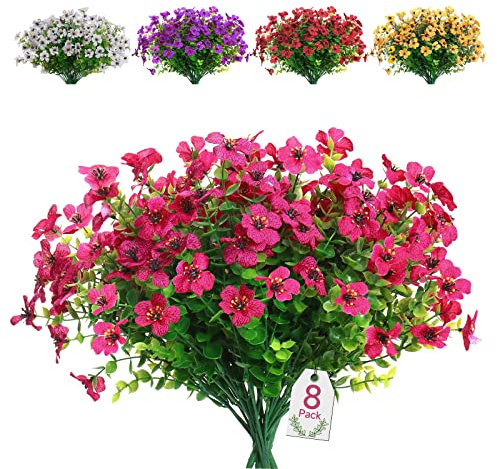 SOMYTING 8 Piezas Flores Artificiales Flor Falsa Decorativas Exterior Resistentes a los rayos UV no se Decoloran Plantas Artificiales Verdes Jardines Porches Ventanas Arbustos Decorativo (Rojo Rosa)