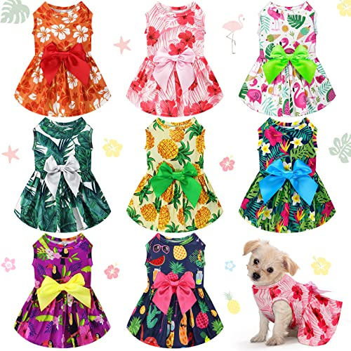 LEIFIDE 8 Pcs Summer Themed Hawaii Dog Dresses Holiday Flamingo Fruit Floral Pattern Pet Skirts Hawaii Puppy Princess Dresses Outfits Bowknot for Girl Dogs Cats Beach(Small)
