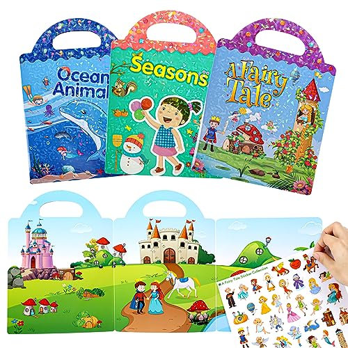 Tbotfip Wiederverwendbare wasserdichte Stickerbuch-Spielzeuge für Kinder - 3er Pack,3-6-jährige Jungen, Mädchen, 3D Klare Kleinkinder Sticker ,pädagogische Lerngeschenke