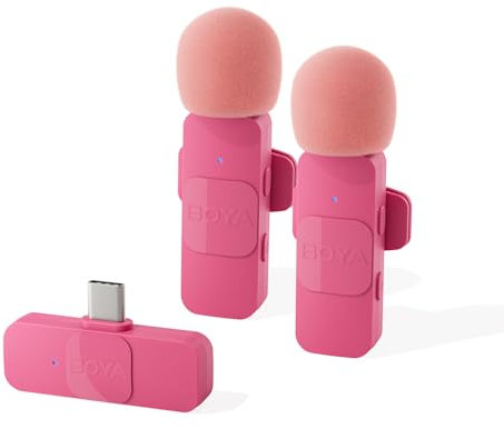BOYA BY-V20P USB-C Wireless Microphone,Mini Lapel Mic with NoiseCancelling for iPhone15/Android/Type-C Smartphone Laptop for Youtube Vlogging-Pink