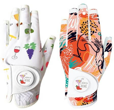 FINGER TEN Gants de Golf Femmes avec Marqueur de Balle Lot de 2, Main Droite Golfeur Main Gauche, Respirant Doux Tout Temps Grip (Orange+Blanc, L(Porter dans La Main Gauche))