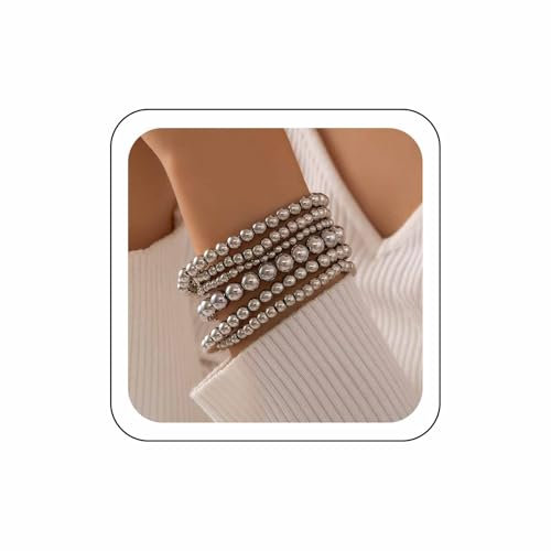 Wendalern Silber Perlenarmbänder Set Perlen Kugel Strang Kettenarmband Stapelbar Stretch Perlenarmband Runde Kugelkette Perlen Armbänder Stapeln Handgelenke Schmuck Für Frauen
