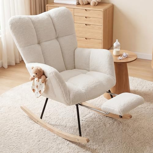 DEKKETO Nursing Rocking Chair with Footstool, Teddy Armchair and Footstool Sets for Adults Indoor, Wooden Glider Nursery Chair for Mum, White