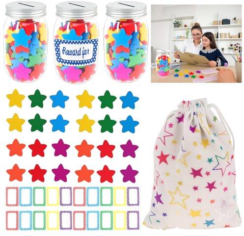 OHLLWERD Star Reward-burk för barn, 3 st belöningsburkar för beteendepollen, 200 st stjärnor, 20 st namnetiketter och presentpåse för klassrumsbelöningsburkar belöningssystem för barn hem beteende