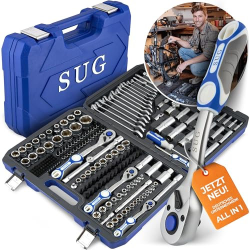 SUG - Werkzeugkoffer gefüllt 216-tlg - Profi Steckschlüsselsatz 1/2, 1/4, 3/8 komplett bestückt - Werkzeugkasten/Ratschenkasten für Haushalt & Werkstatt - Steckschlüssel-Set Nusskasten kurz und lang