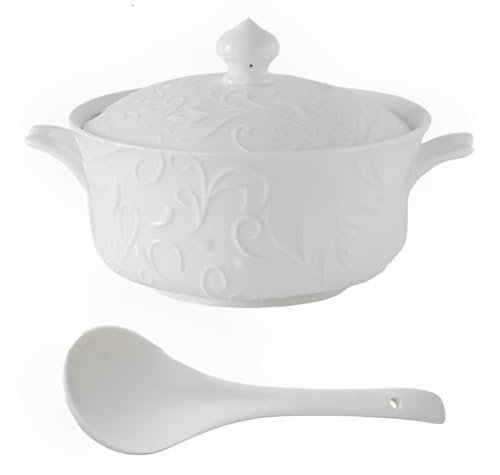 Vnook Soupière à Double poignées avec couvercle et cuillère, bol à soupe en porcelaine de 2500ml, vaisselle décorative for le service de Table de cuisine