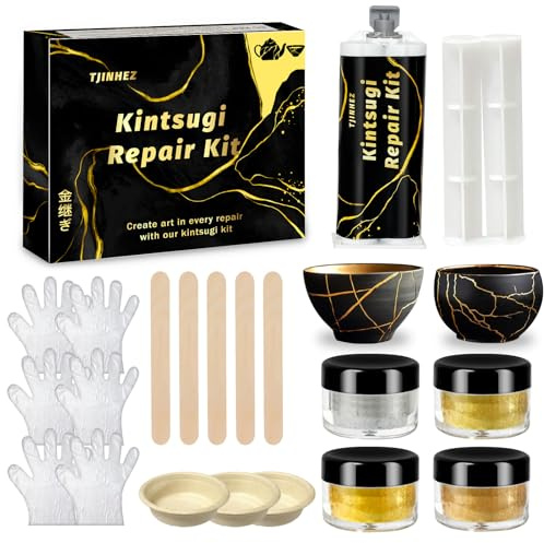 Kit di Riparazione Kintsugi 50ml - Colla Alimentare Oro per Porcellana e Ceramica | Set di Riparazione Oro Adatto per Ceramica, Porcellana, Vetro, Giada e Sculture