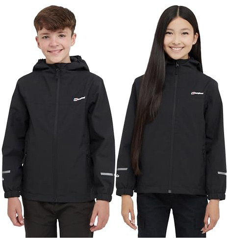 Berghaus Kids' Linton Waterproof Jacket with Hood and 2 Zipped Pockets, Lightweight, Windproof & Breathable Raincoat for Boys & Girls (UK, Age, 13 Years, Regular, Black)