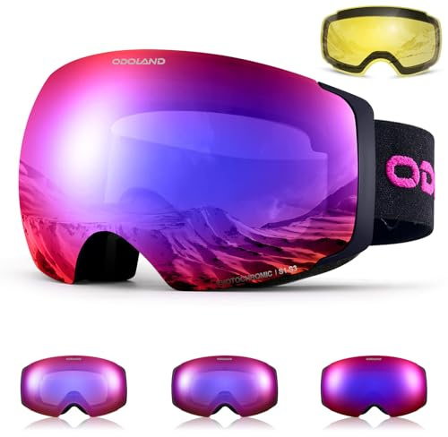 Odoland Unisex Ski Goggles for Men & Women - Photochromic Frameless Snowboard Goggles with Magnetic Interchangeable Lens, UV 400, Anti-fog, Helmet Compatible for Skiing PBA