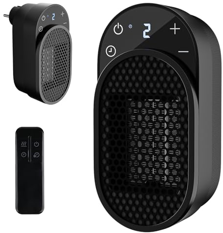 Calentador de Enchufe, 500W Calefactor Portátil con Termostato, con Mando a Distancia, Protección contra sobrecalentamiento, Pantalla LED, temperatura ajustable, Para baño y dormitorio (Negro)