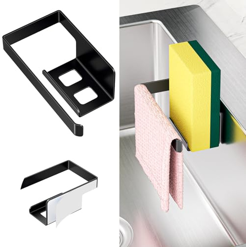XILIMOR Soporte Estropajo Fregadero, 2 en 1 Porta Estropajos Fregadero, Autoadhesivo Porta Esponja Organizador de Cocina, Acero Inoxidable Soporte para paños de Cocina, Negro