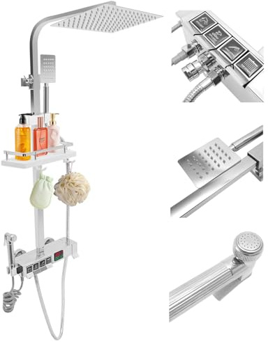 Juego completo de grifo de ducha con termostato, sistema de ducha con indicador LED, 10-100 ℃ temperatura de trabajo ducha de lluvia, acero inoxidable, juego de ducha ajustable con cesta de