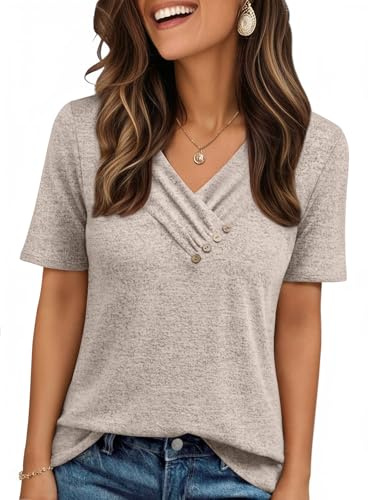 AUTOMET Womens Short Sleeve Tunic Tops Summer Spring Outfits 2026 V Neck Sweaters Button Shirts Dressy Casual Business Blouses Coffee Grey L
