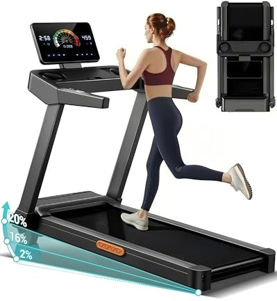 Foldable Treadmill for Home with 20% Incline, 14KM/H Folding Treadmills with Handles, Portable Indoor Running Machine with 195KG Weight Capacity, Large Running Belt and LED Touch Screen