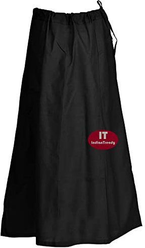 Sari Petticoat Cotton Stitched Adjustable Waist Saree Underskirt Lining Skirt-Black-One Size