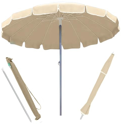 BAKAJI Ombrellone Antivento da Mare Spiaggia Giardino Diametro 220 cm con Palo in Alluminio 32mm Struttura a 16 Stecche in Fibra di Vetro e Rivestimento in Tessuto Poliestere 200g Anti UV (Beige)